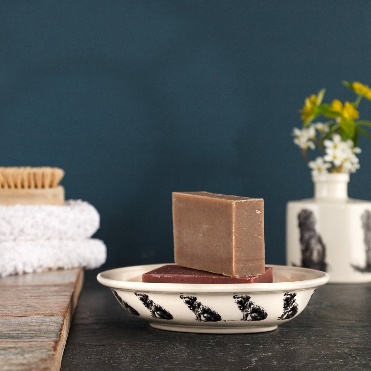 Charcoal Collection Border Terrier Soap Dish with two handmade soaps