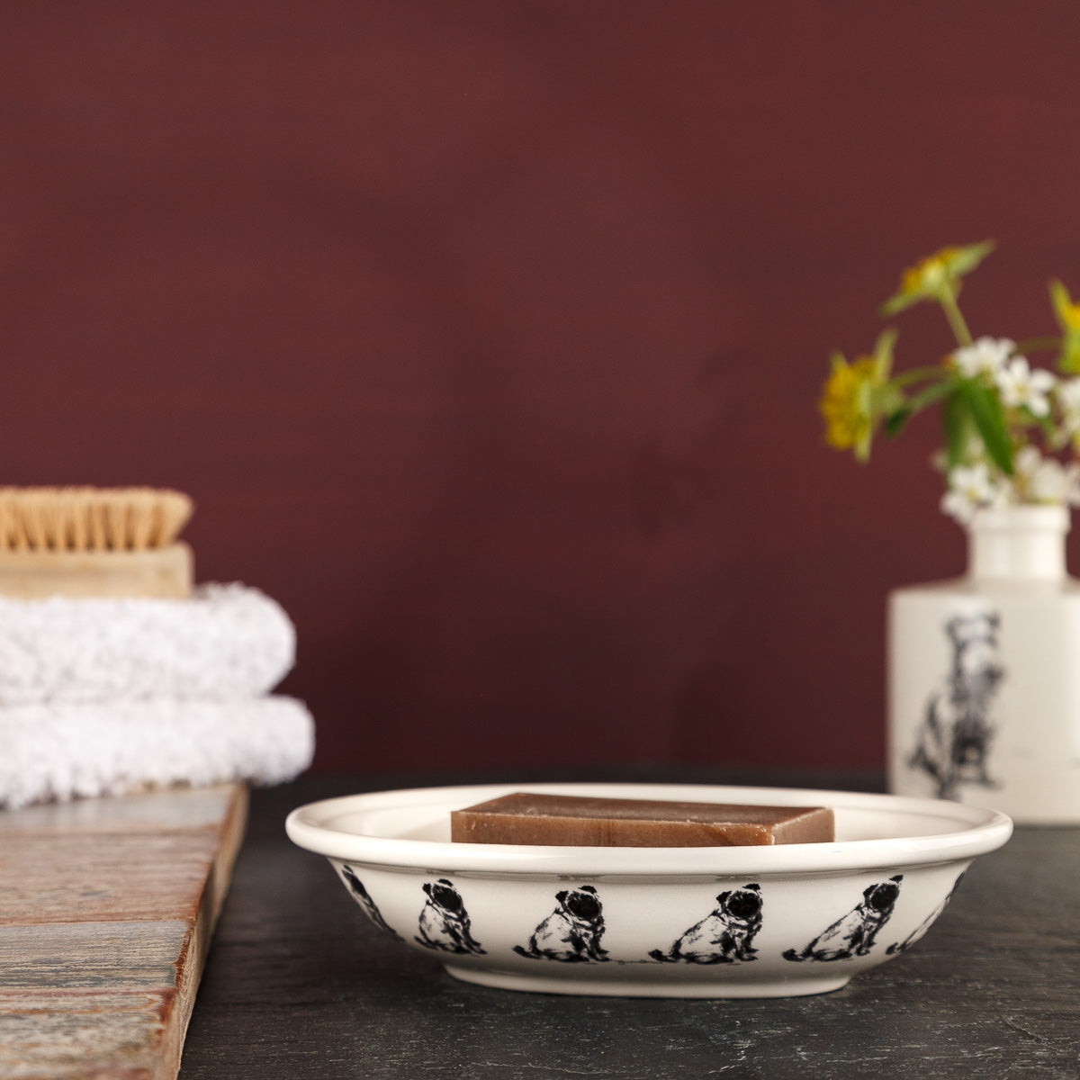 Charcoal Collection Seated Pug Soap Dish with two handmade soaps