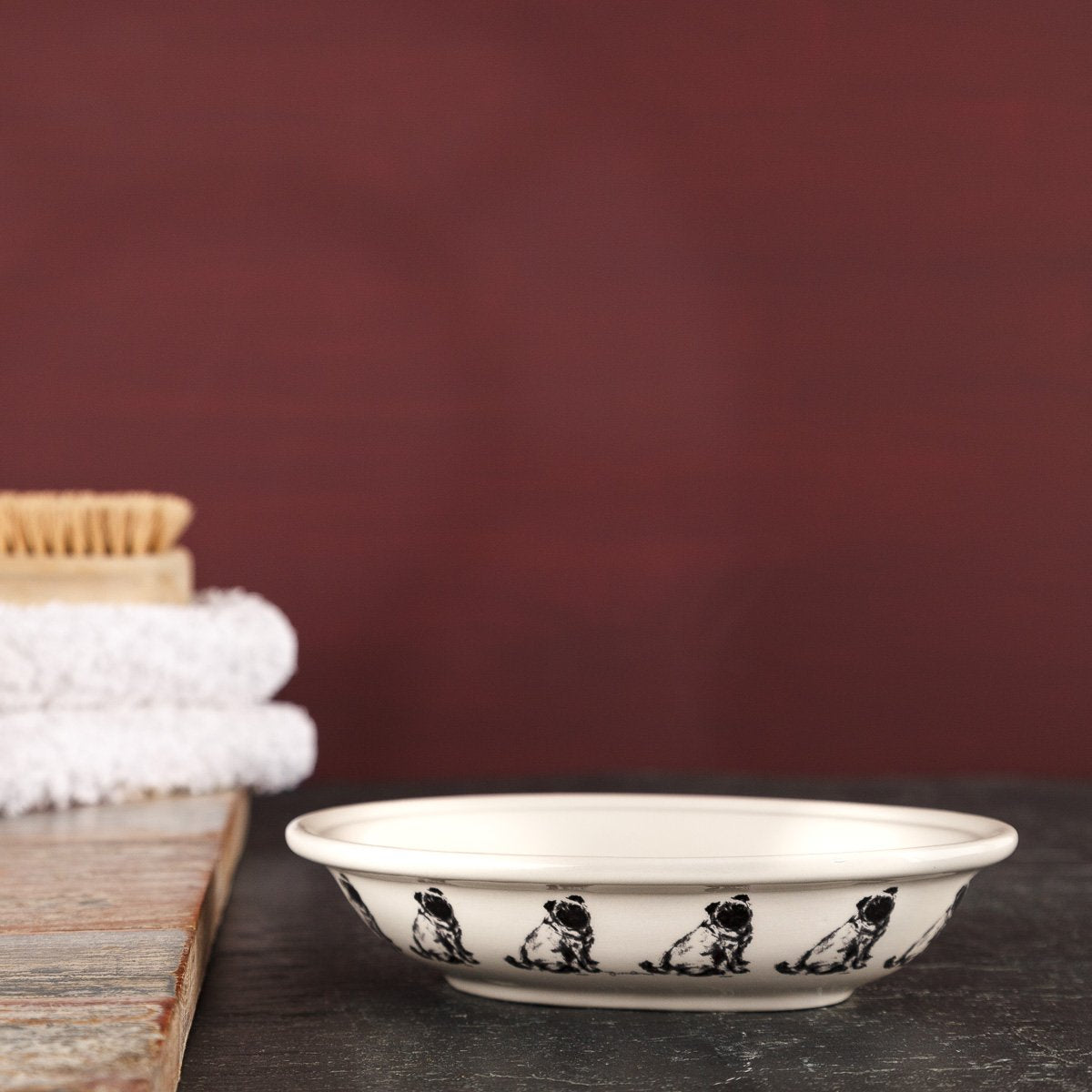 Charcoal Collection Seated Pug Soap Dish with two handmade soaps