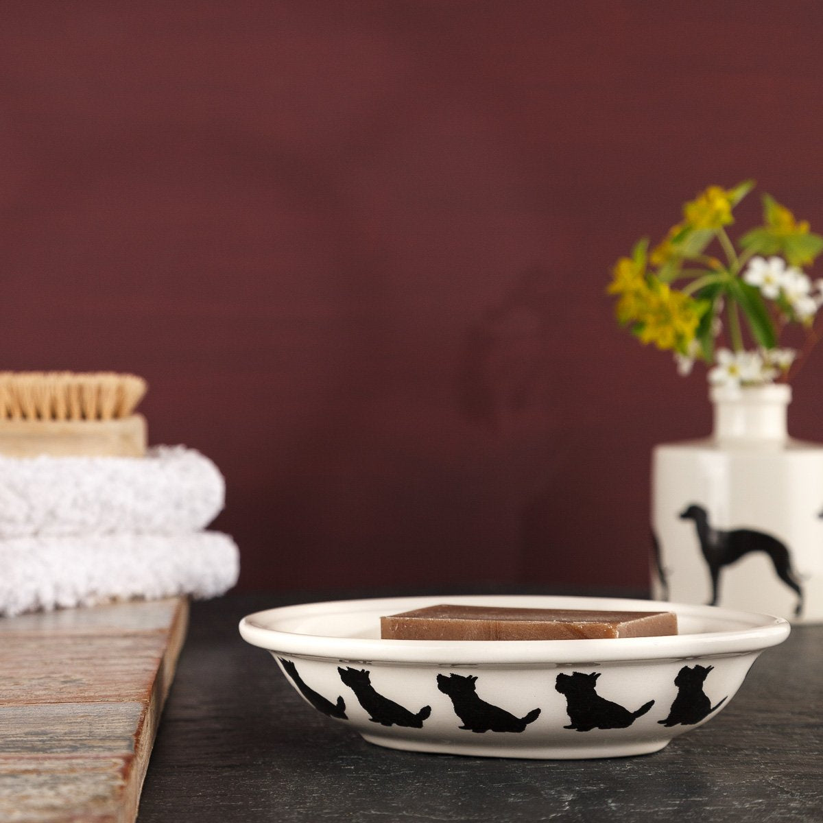 Signature Collection Seated Westie Soap Dish with two handmade soaps
